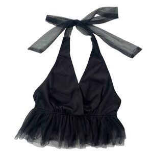 LE LIS Collection Women’s Size Medium, Black Tulle Ruffle Halter Peplum Crop Top